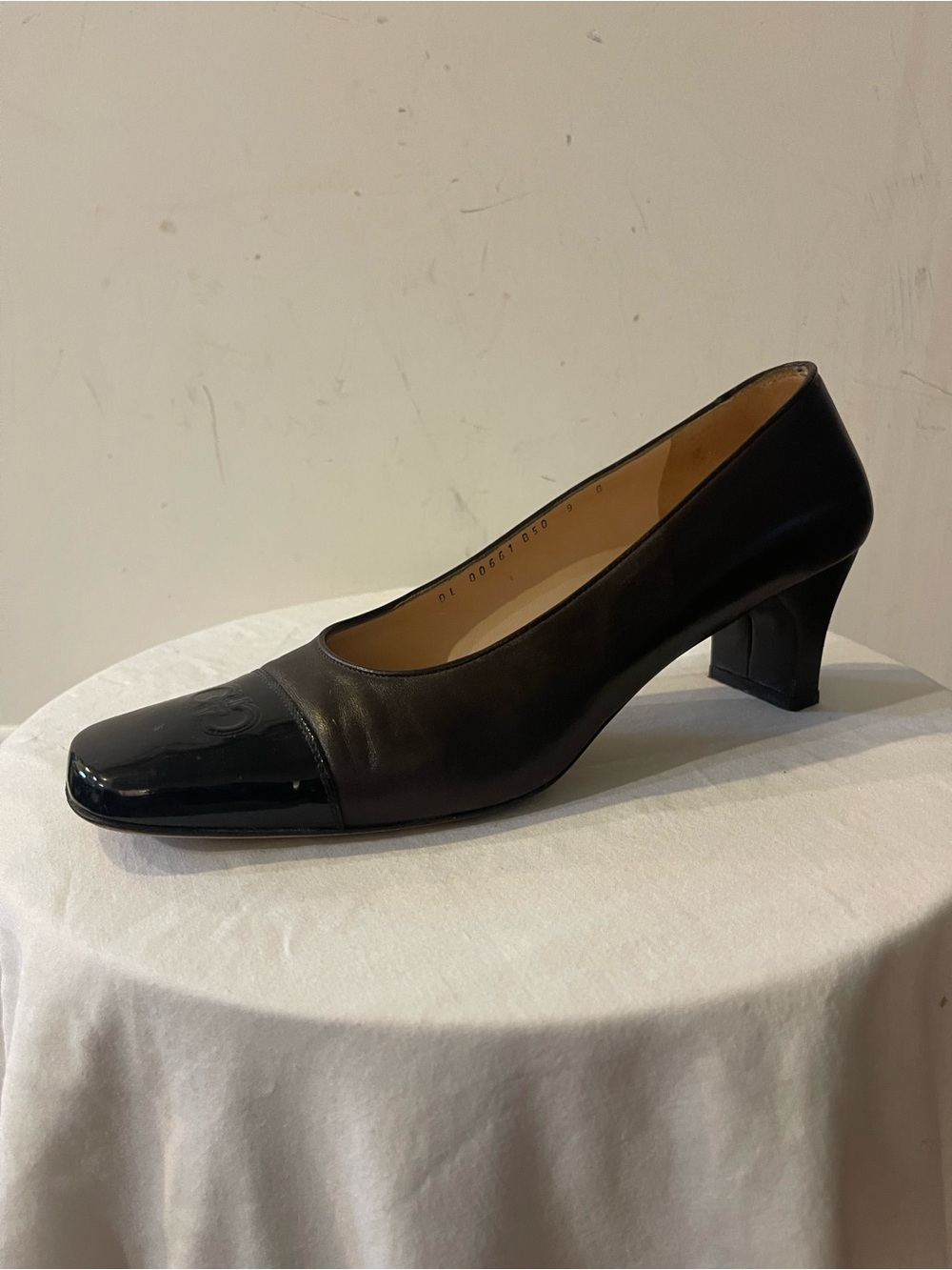 Salvatore Ferragamo Classic 2 Tone Leather Block Heel Pump